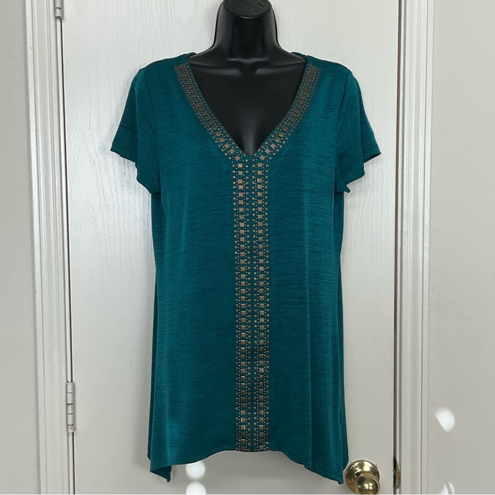 I.N.Studio Teal V-Neck Embellished Women's Top